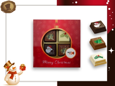 Kerst Pralines 4 stuks <br>Kerstbal rood-goud