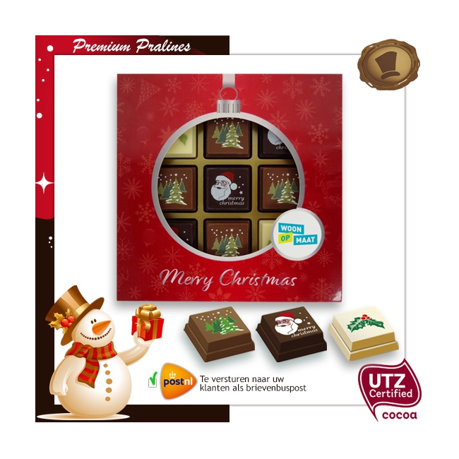 Kerst Pralines 9 stuks Kerstbal rood-zilver